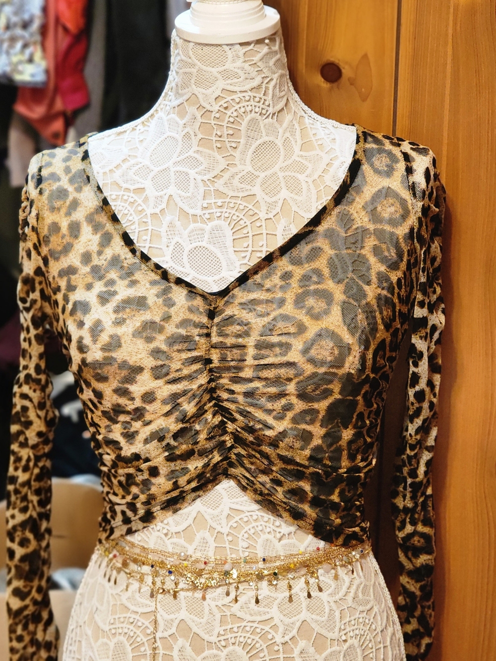 Leopard Print Ruched V-Neck Long Sleeve Top - Brown/Black
